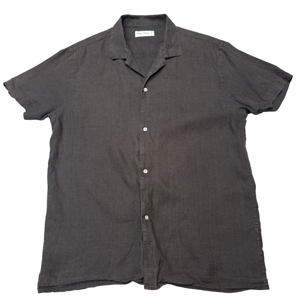ISTO Linen Camp Collar Short Sleeve Button Up Shirt Men's Medium Quiet Luxury